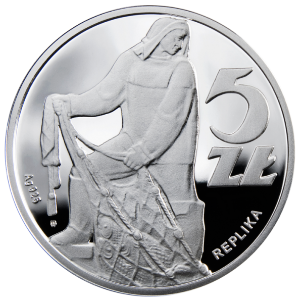 5 zł / 1958 r. -  Rybak, srebrna replika monety