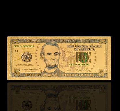 USA: Banknot złocony 5$ - PIĘĆ dolarów